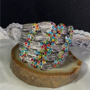 Silver Tone Multi Colored Cuff Chunky Large Bracelet.Hinged.Stunning Statement.